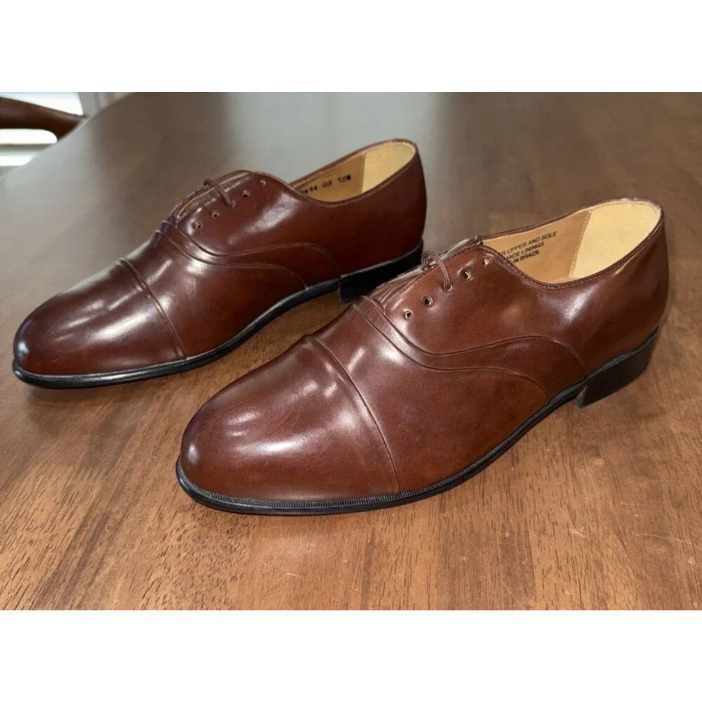 Stacy Adams Cap Toe Oxford Brown Leather Dress Shoes Men's 12W Wide Brazil NWOB